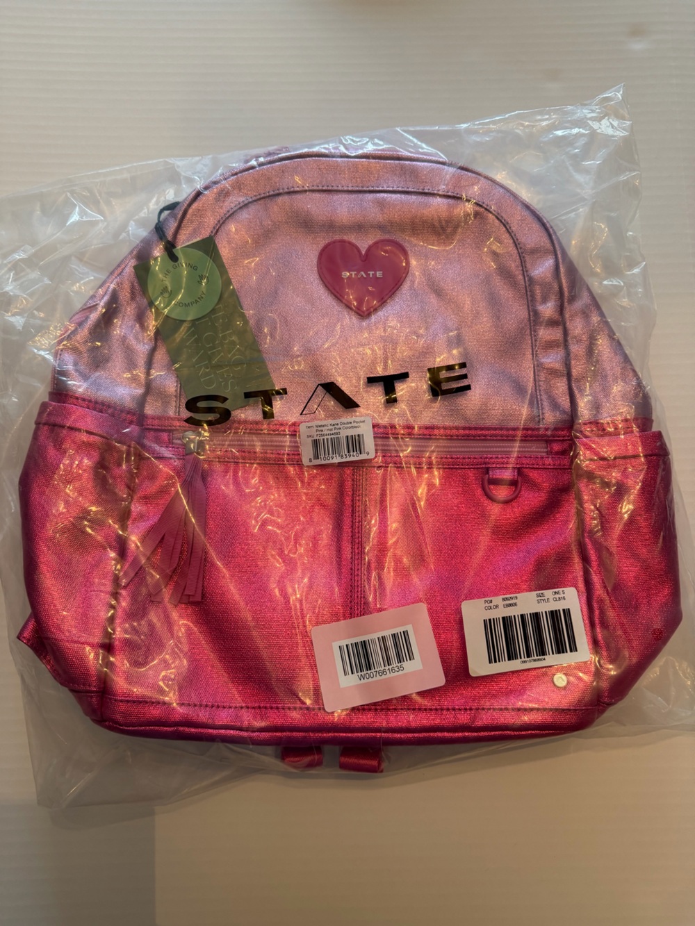 NWT STATE Metallic Pink/Hot Pink Kane Kids Double Pocket Backpack